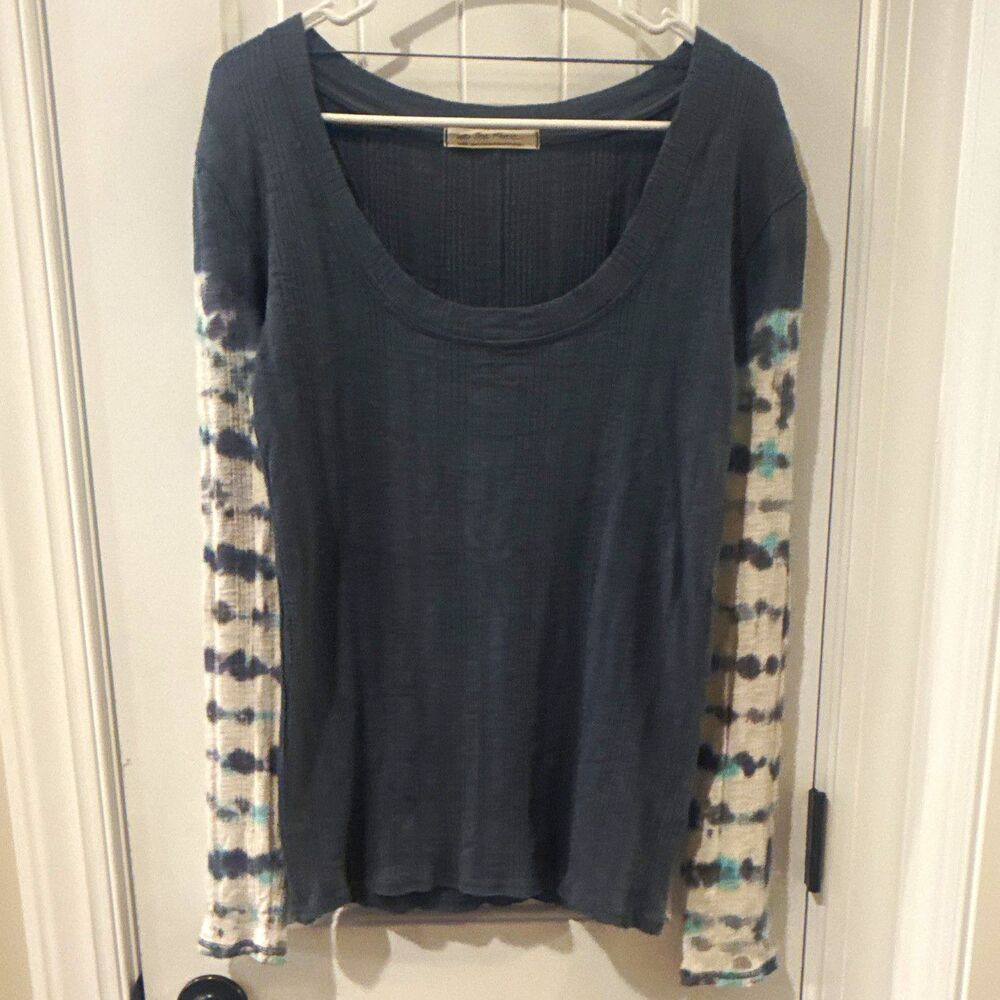 We The Free Womens Gray Ribbed Knit Scoop Neck Long Sleeve Tie-Dye Tee L